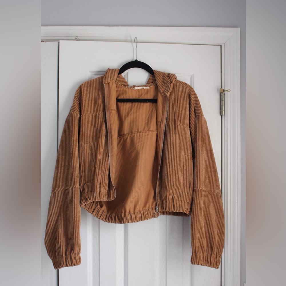 Altar'd State Tan Corduroy Hooded Bomber Jacket